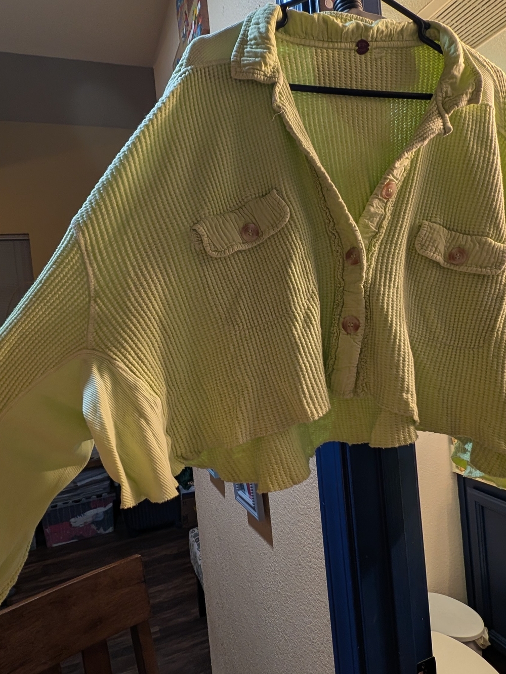 Free People FP One Green Waffle Knit Cropped Henley Top